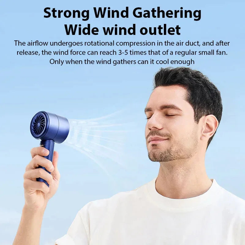 A man is holding a blue portable turbo fan, demonstrating its strong wind gathering capability.