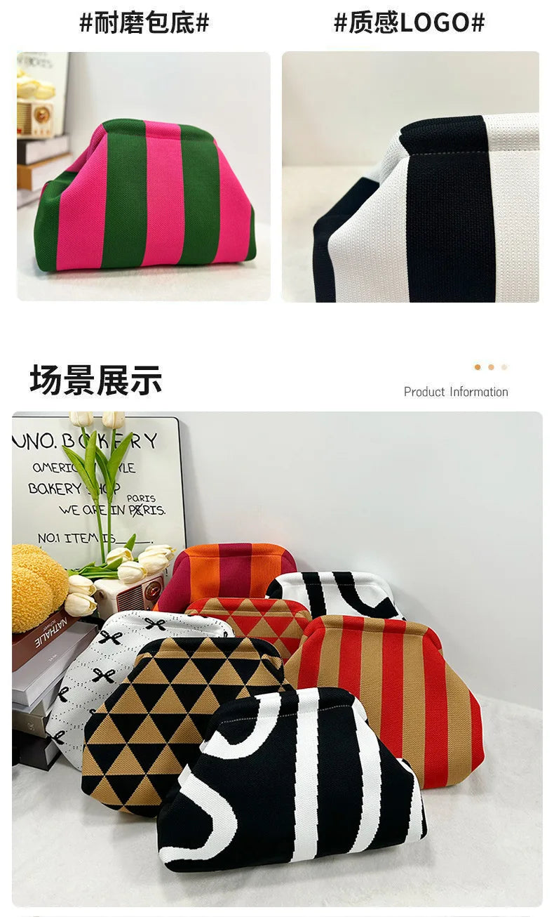 Colección de bolsos de mano tejidos coloridos con rayas, patrones geométricos y colores sólidos como rosa, verde y negro.