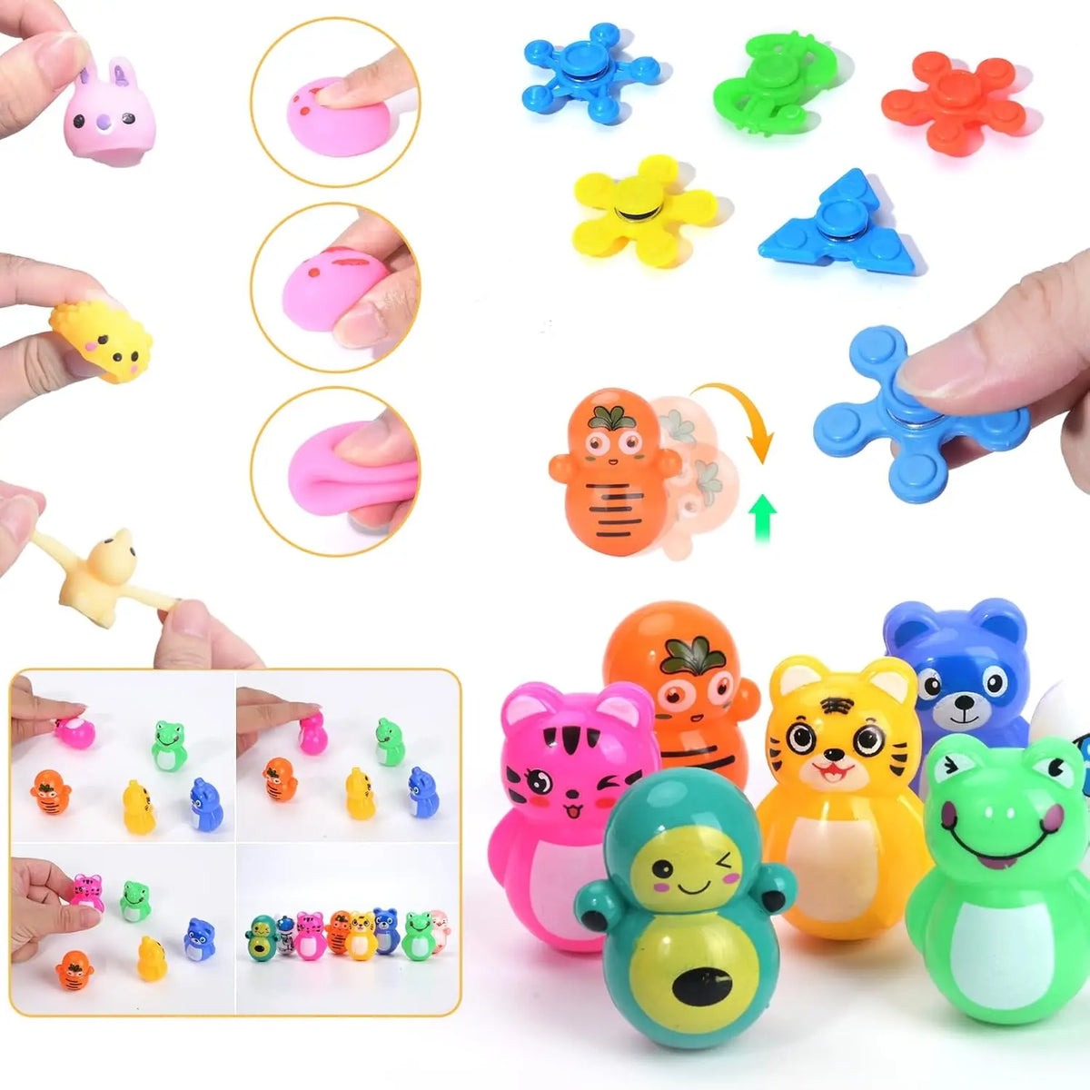 A variety pack of colorful fidget toys and party favors for kids, including silicone and plastic shapes.