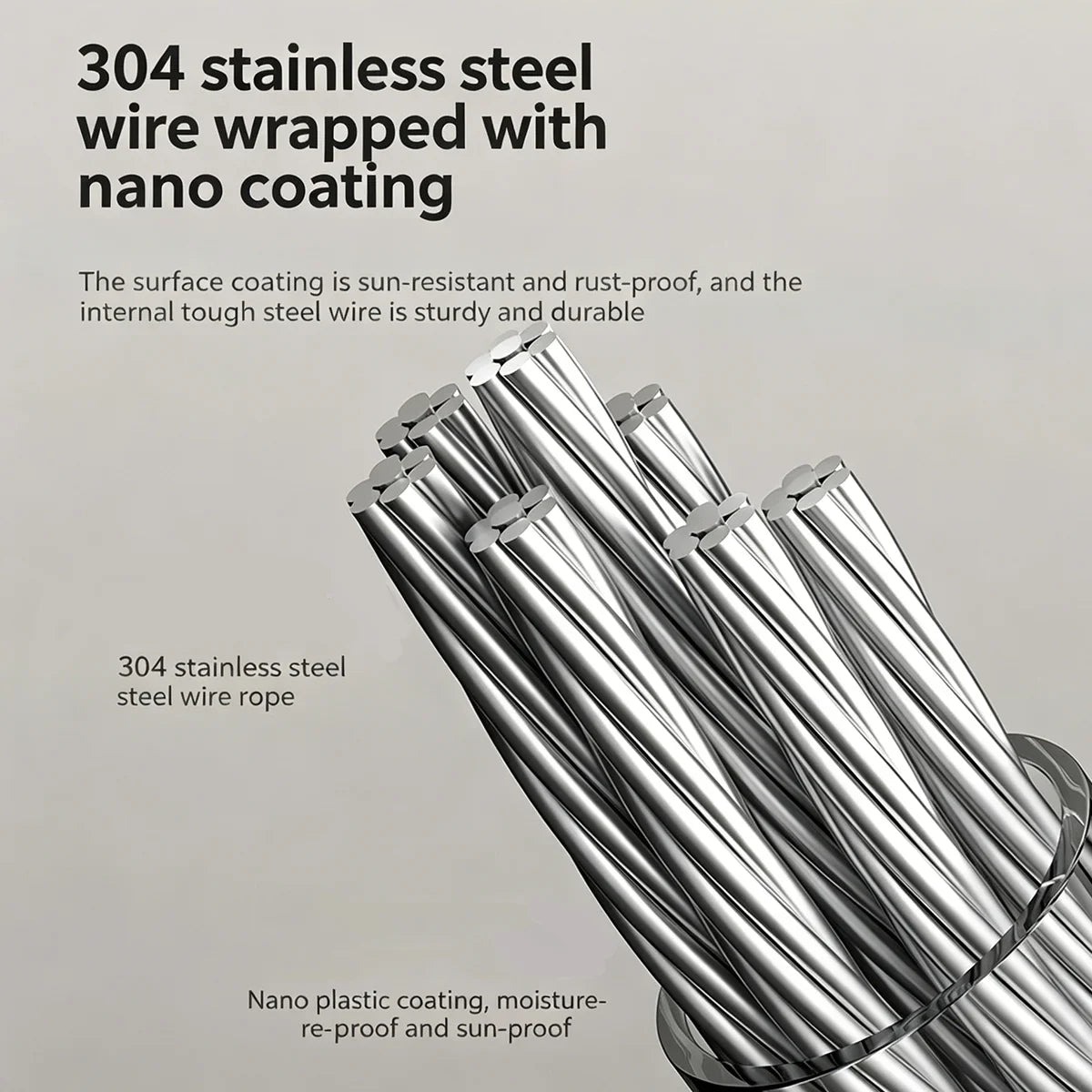 A bundle of 304 stainless steel wire rope wrapped with nano coating for a clothesline.