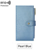 A light blue RFID blocking extra-large bifold wallet with a leather strap and double zipper security.