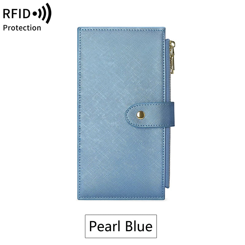 A light blue RFID blocking extra-large bifold wallet with a leather strap and double zipper security.