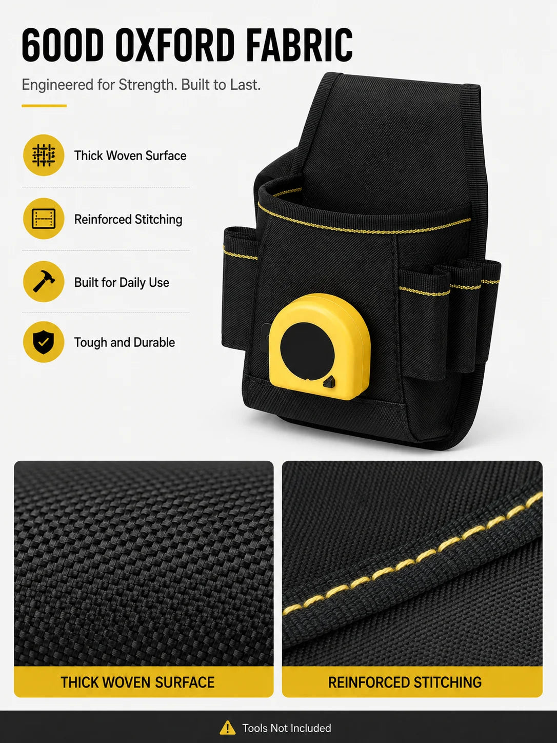 Black Oxford fabric tool pouch with reinforced stitching and a yellow accent, designed for daily use.