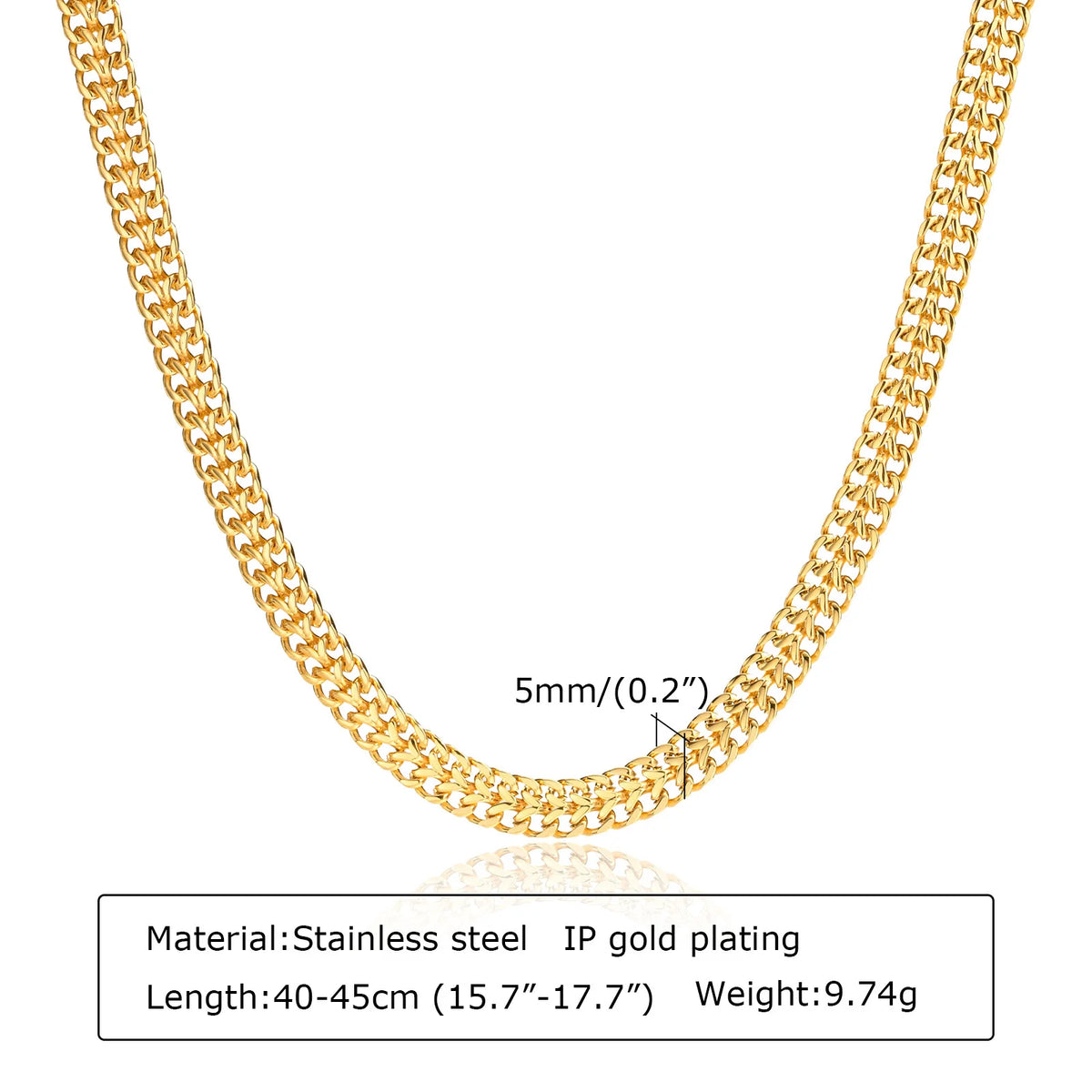 A close-up of a chunky gold plated stainless steel link necklace shown against a white background.