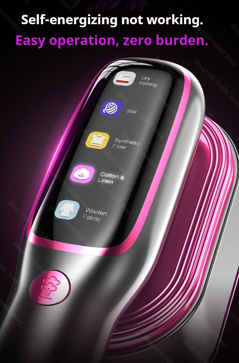 A close-up of a handheld garment steamer with various fabric icons displayed on the body.