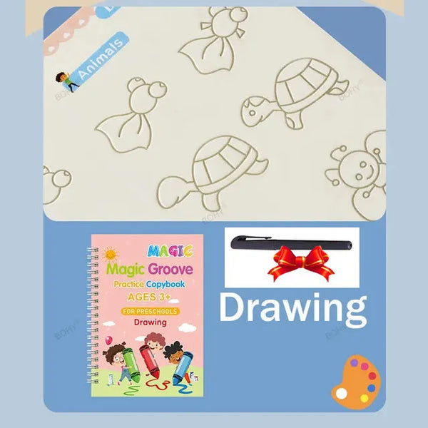 Página de un cuaderno de práctica Magic Groove con dibujos de animales y actividades para niños de preescolar.