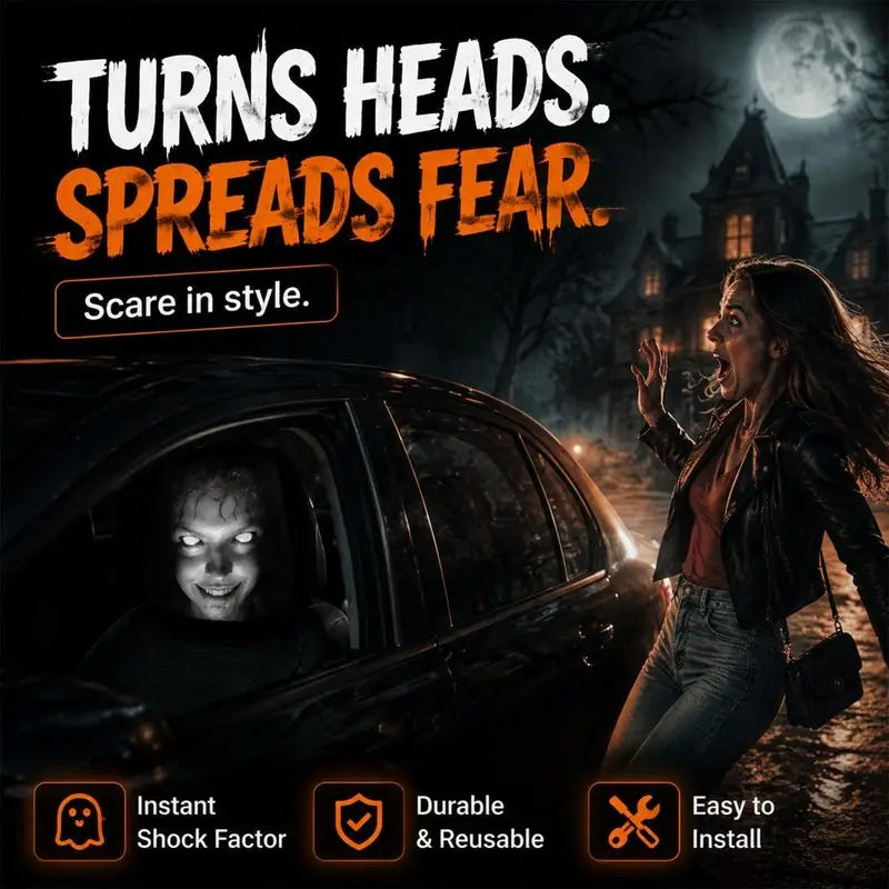 A dark, dramatic image showing a woman with long hair and an intense expression, alongside a car interior featuring a person 