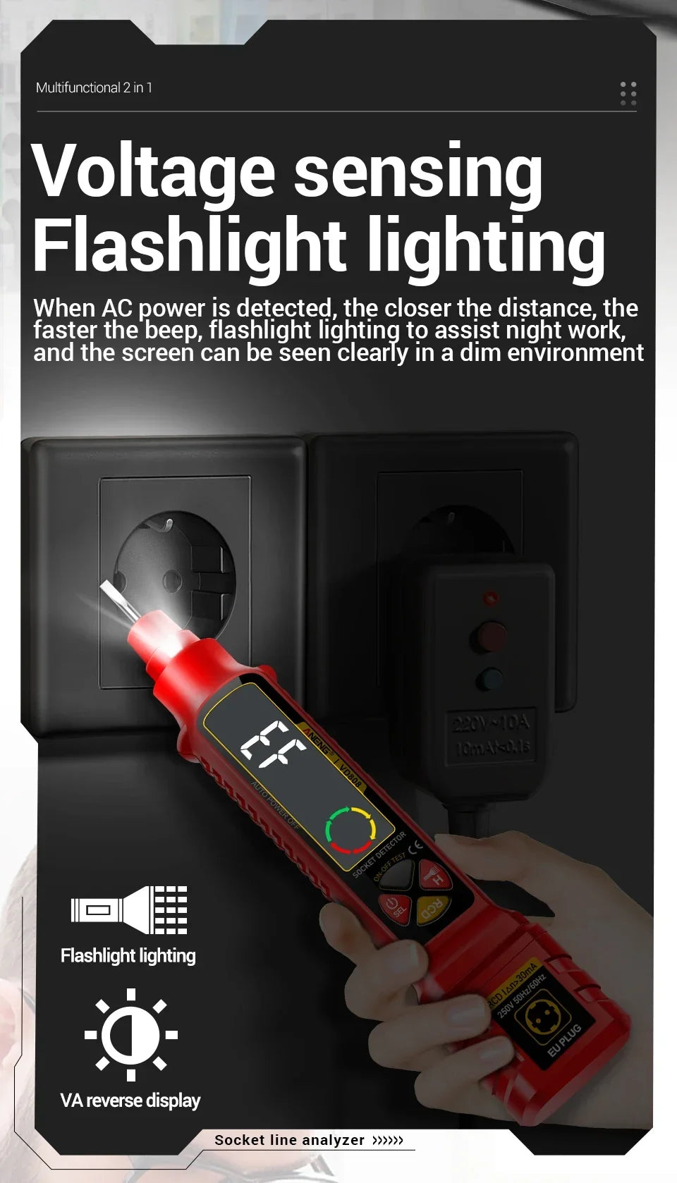 Socket Tester with AC/DC Voltage Detection and Polarity Check