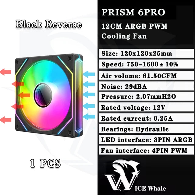 Schwarzer Reverse Prism 6PRO Kühlventilator mit 12CM ARGB PWM und hydraulischen Lagern