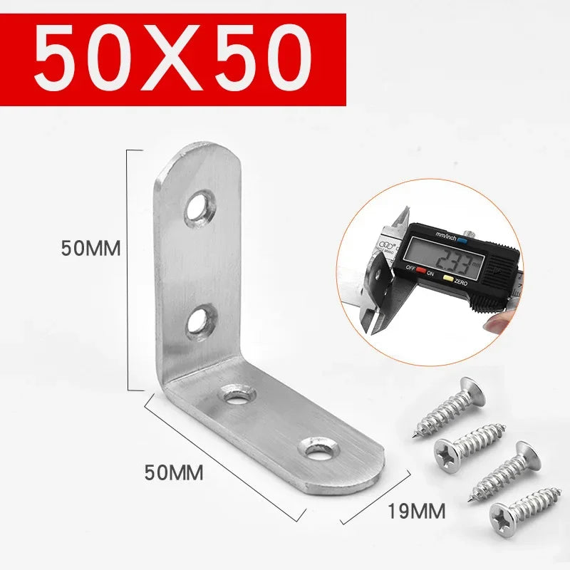Stainless steel 50x50 angle bracket with mounting holes and screws shown next to a digital caliper.