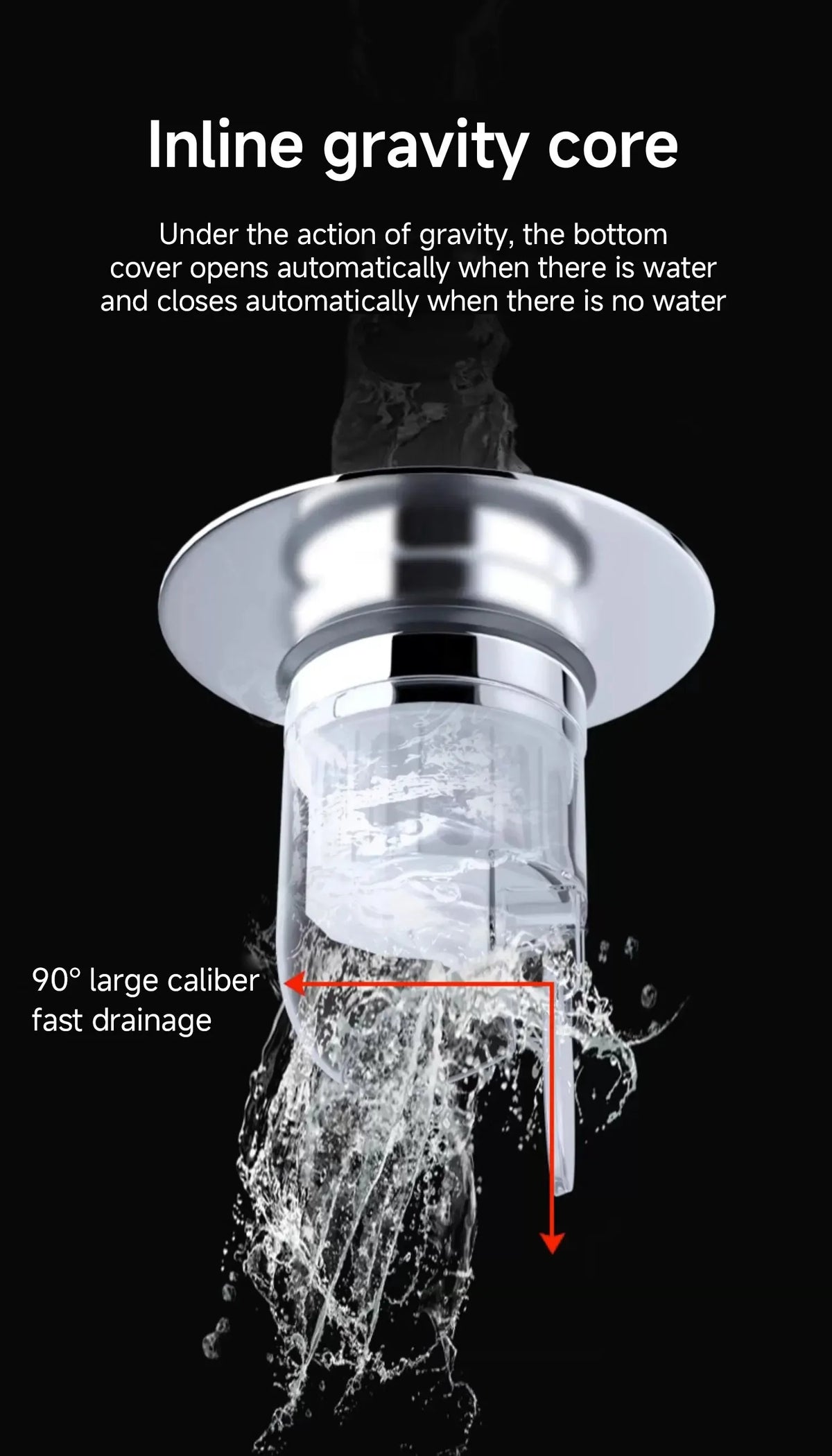 Close-up of an inline gravity core drain filter with a 90 degree caliber for fast drainage.