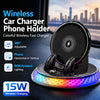 A wireless car charger phone holder with RGB ambient lighting and 360° adjustable mount shown in a vehicle context.