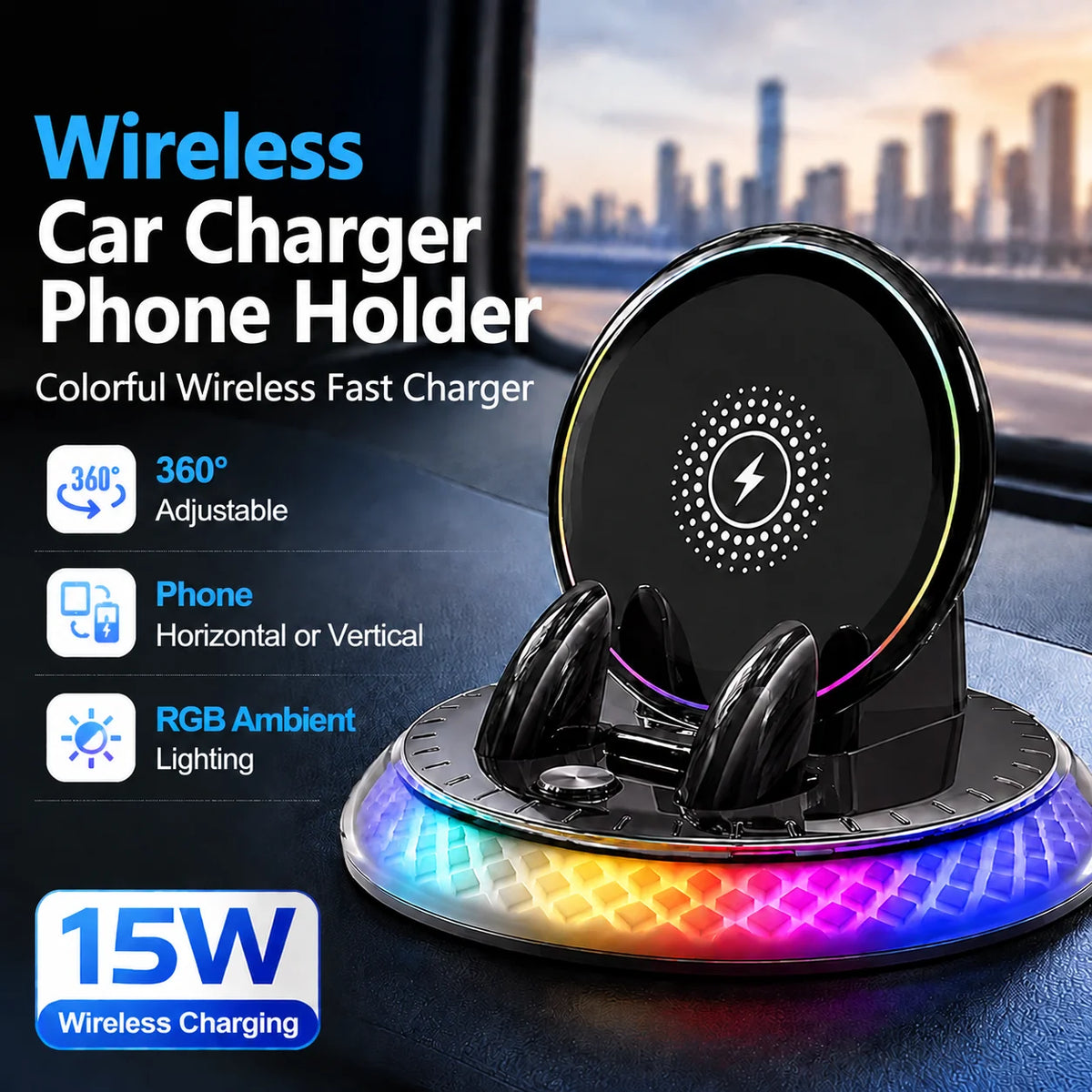 A wireless car charger phone holder with RGB ambient lighting and 360° adjustable mount shown in a vehicle context.