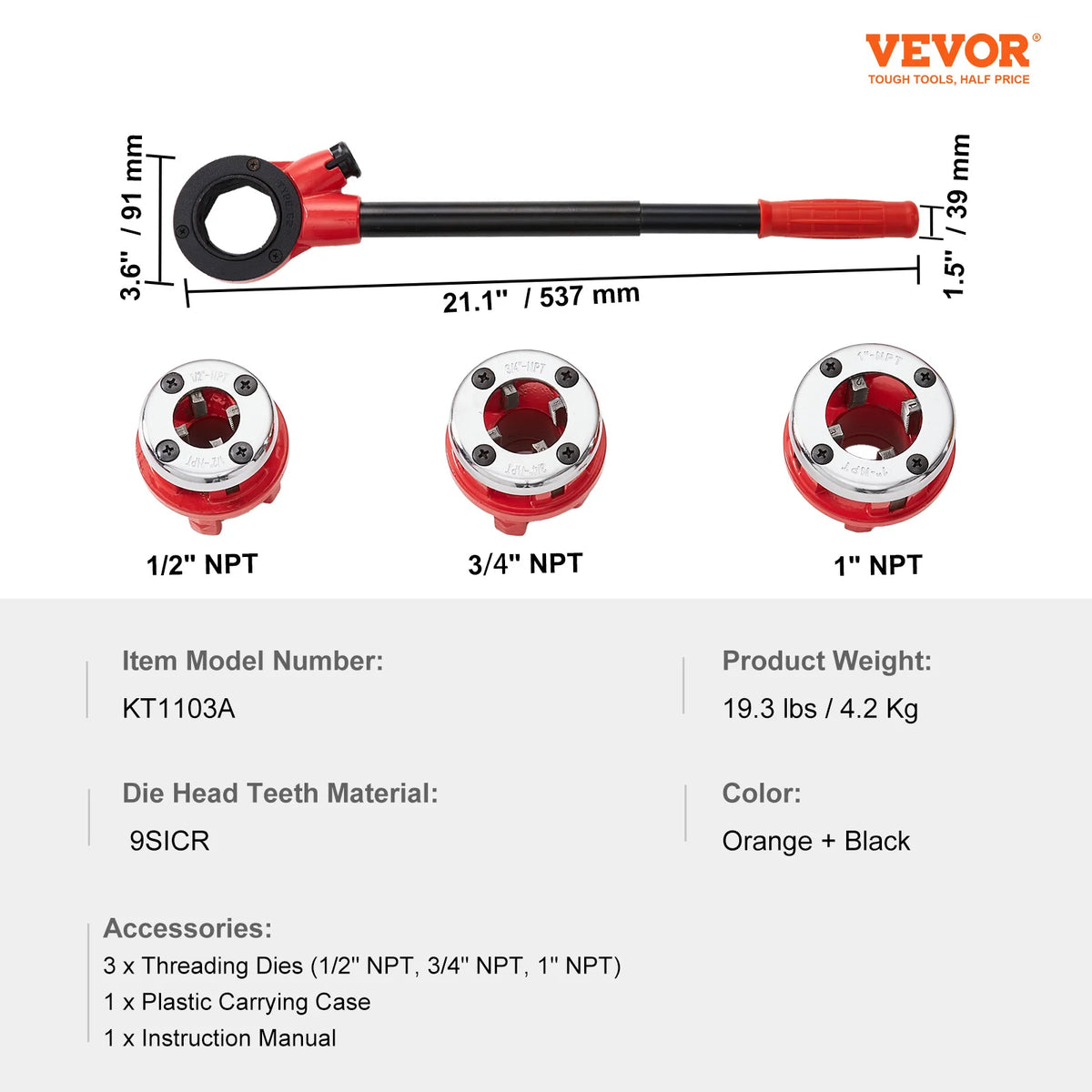 3-Piece Manual Ratchet Pipe Threader Kit with Carrying Case