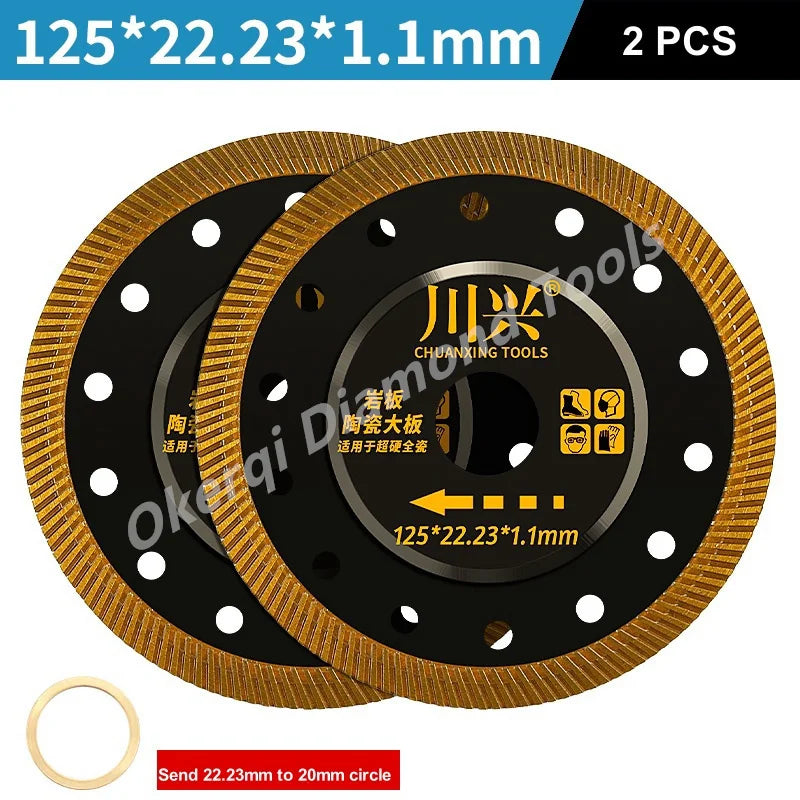 Two gold-edged diamond saw blades with a central hole and a circular ring are shown.