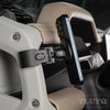 A black magnetic car phone mount with a cup holder base is shown in a close-up view.