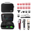 Black hard-shell travel case containing hair clippers, combs, and grooming accessories.