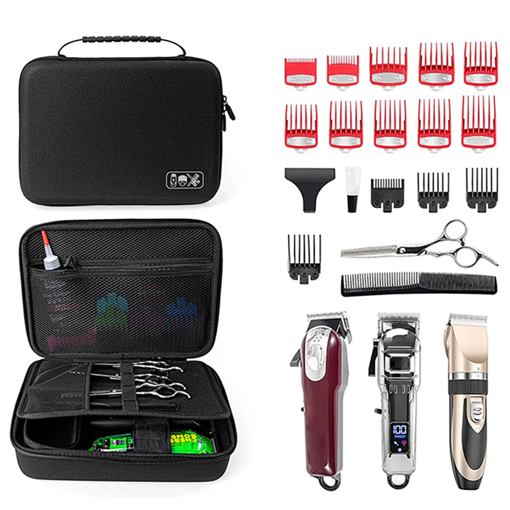 Black hard-shell travel case containing hair clippers, combs, and grooming accessories.