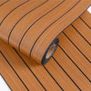 Roll of brown wood grain peel-and-stick wallpaper featuring a vertical slat pattern.