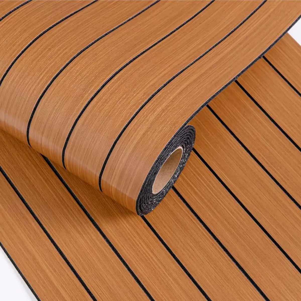 Roll of brown wood grain peel-and-stick wallpaper featuring a vertical slat pattern.