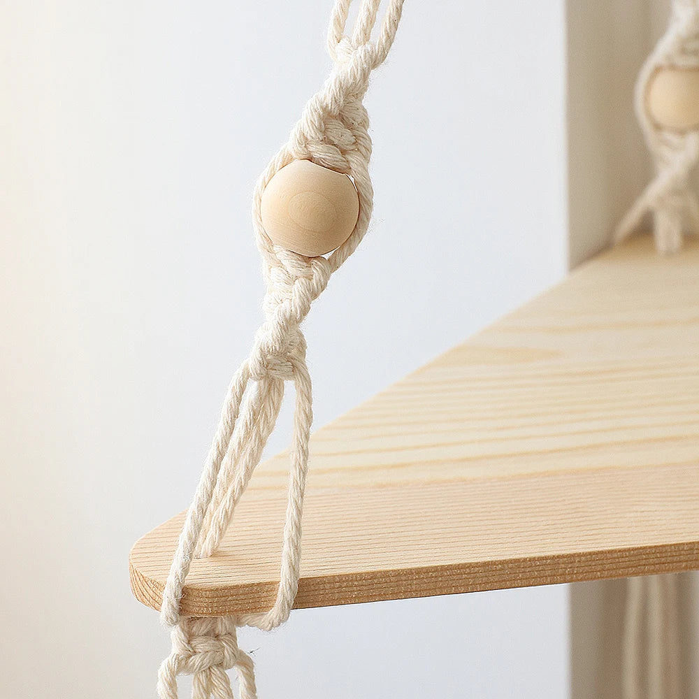 Triangle Wood Floating Wall Shelf with Macrame Rope