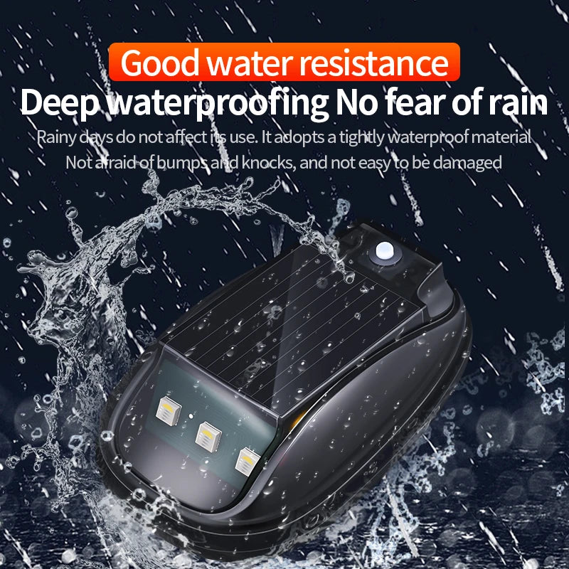 A black solar-powered strobe light is shown being sprayed by water, demonstrating its waterproof features.