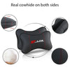 Black ergonomic car neck pillow with memory foam on both sides, showing dimensions and texture.
