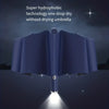 A dark blue automatic three-fold umbrella with an LED light shining downwards.