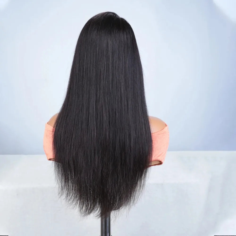 A long, straight black wig with lace front is displayed against a light blue background.