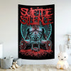 A dark poster featuring a skull and chains in red and teal tones, suitable for gothic wall art.