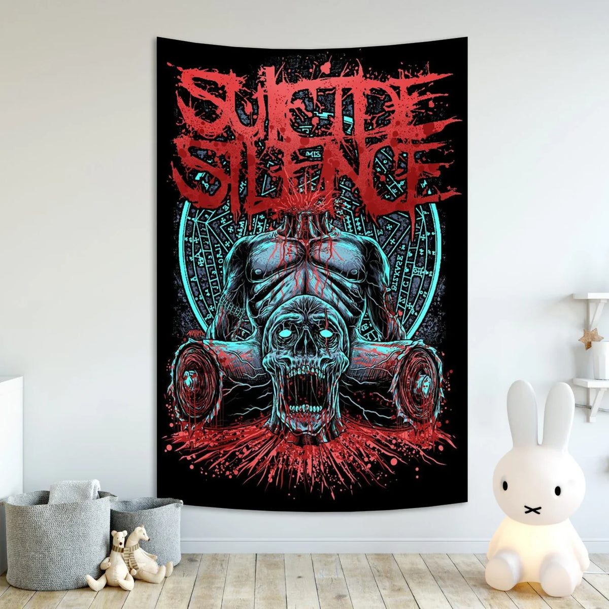 A dark poster featuring a skull and chains in red and teal tones, suitable for gothic wall art.