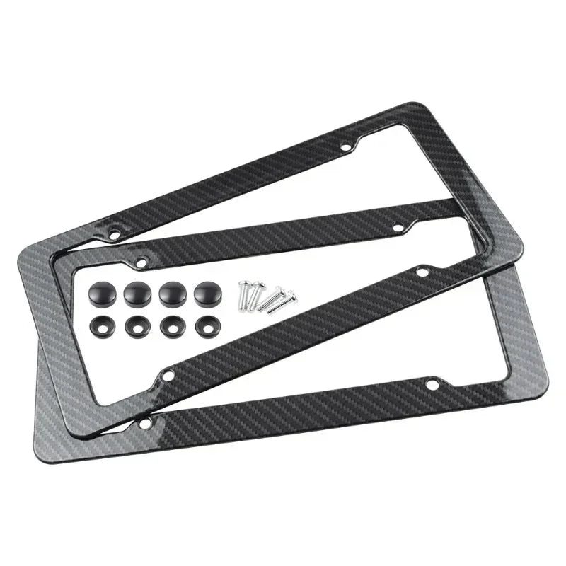 Black carbon fiber style license plate frame set with mounting holes and screws