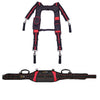Black and red adjustable tool belt and suspenders with lumbar support shown in a full view.