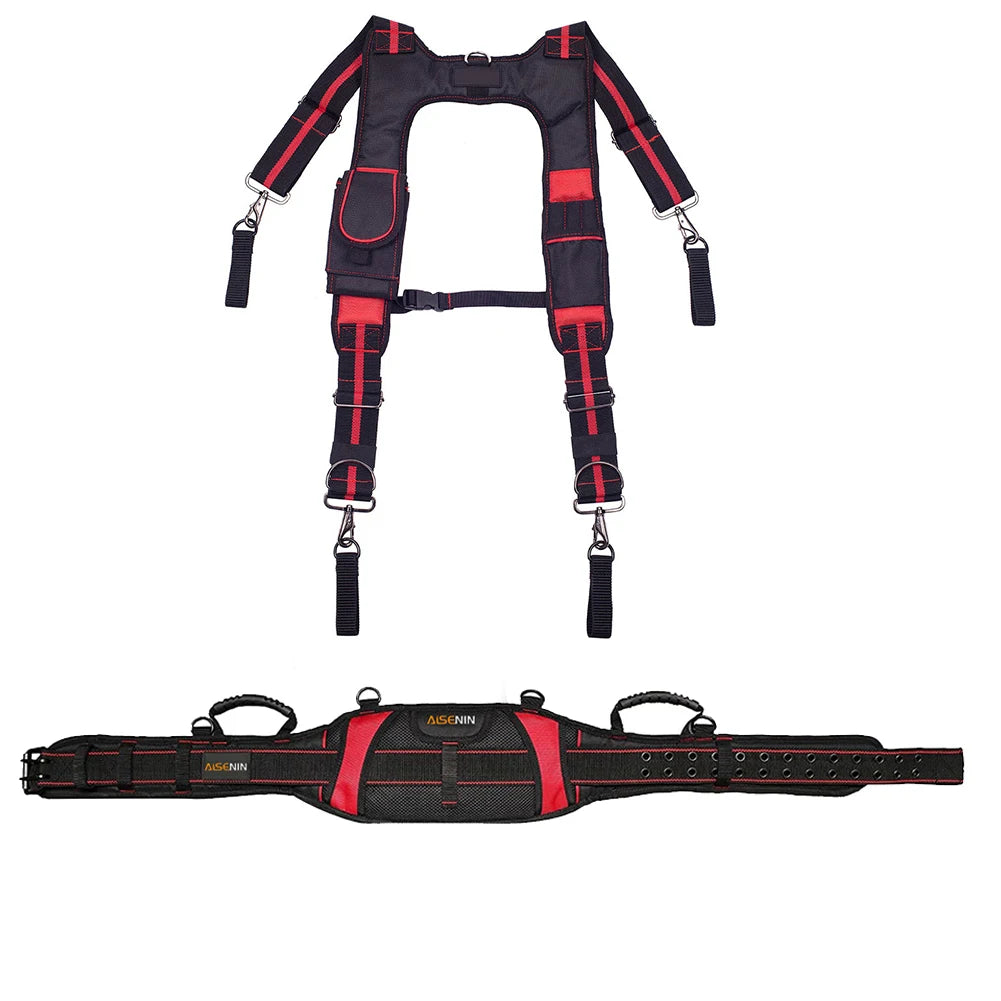 Black and red adjustable tool belt and suspenders with lumbar support shown in a full view.