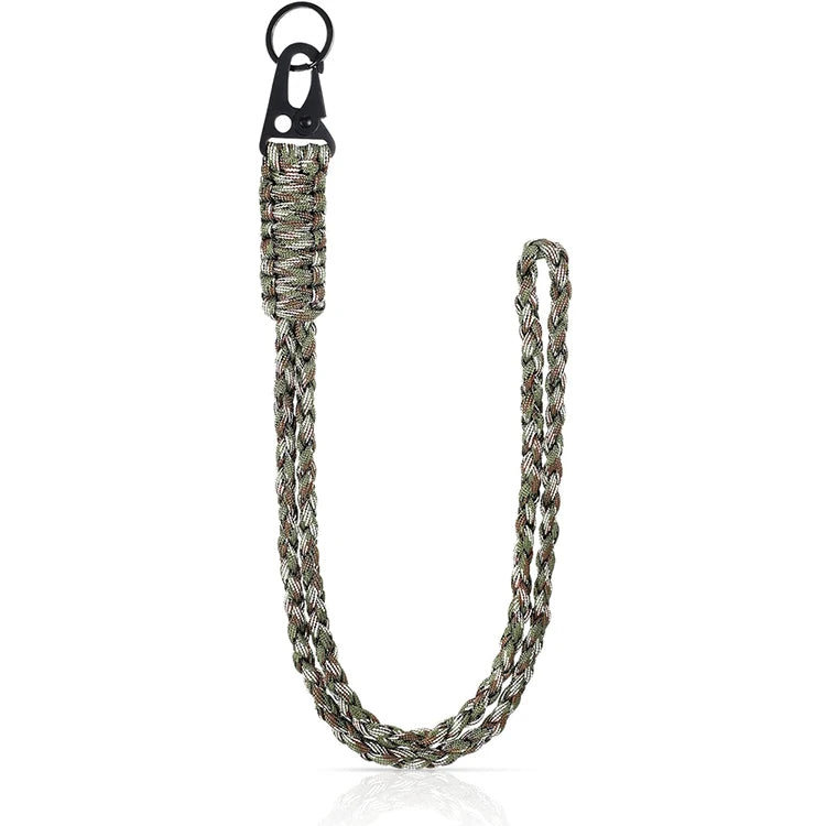 Heavy duty 550 paracord neck lanyard with a metal clip hanging vertically