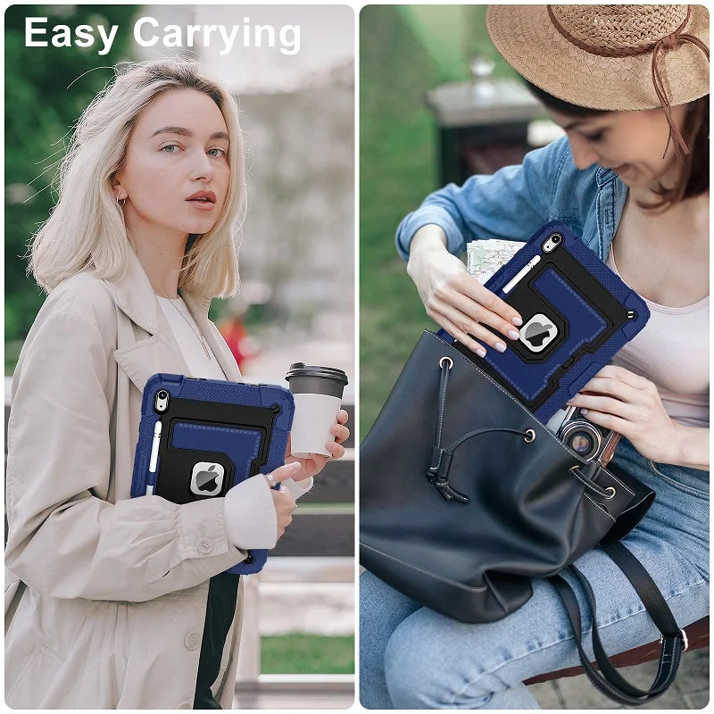 A woman is easily carrying a blue shockproof hybrid case for an iPad with a built-in stand and pencil holder.