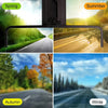 A set of adjustable anti-glare car sun visor extenders shown in various seasons.