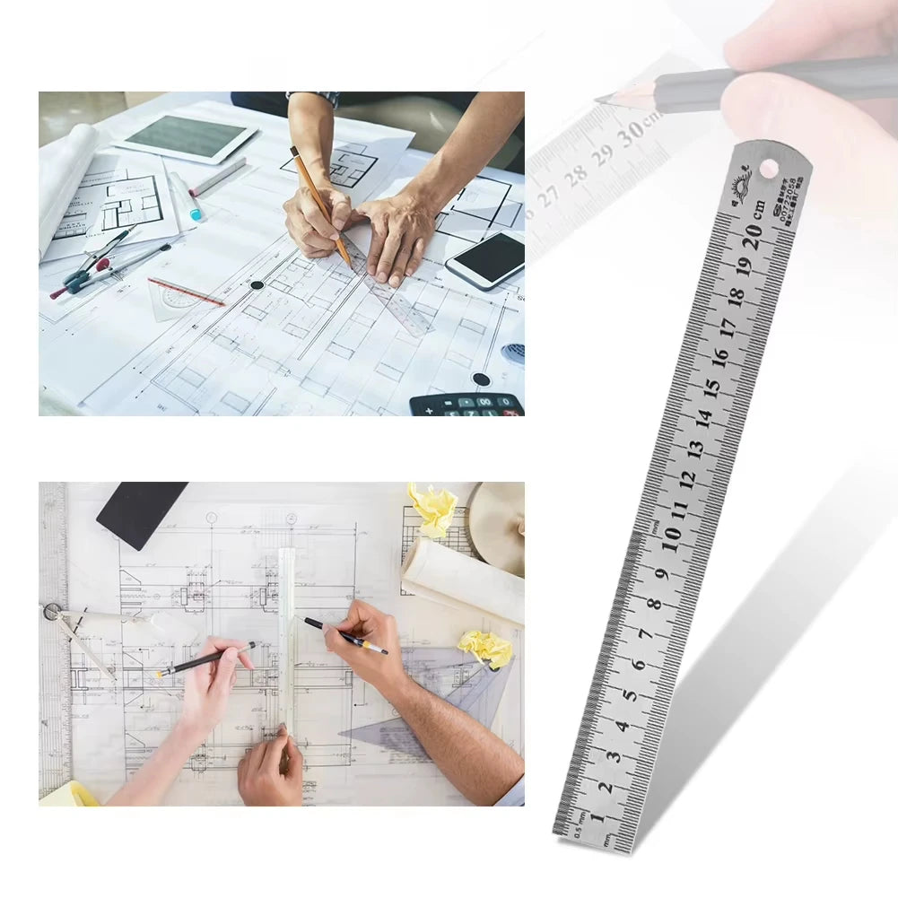 A hand uses a stainless steel double-sided precision ruler to measure and mark on a blueprint or drawing.