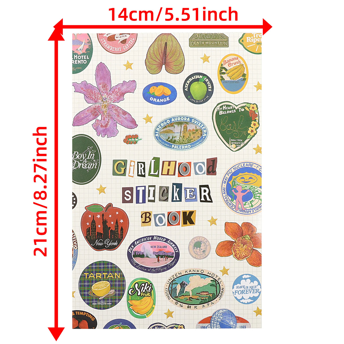 A sheet of stickers featuring various fruits, letters, and themed designs for scrapbooking and journaling.