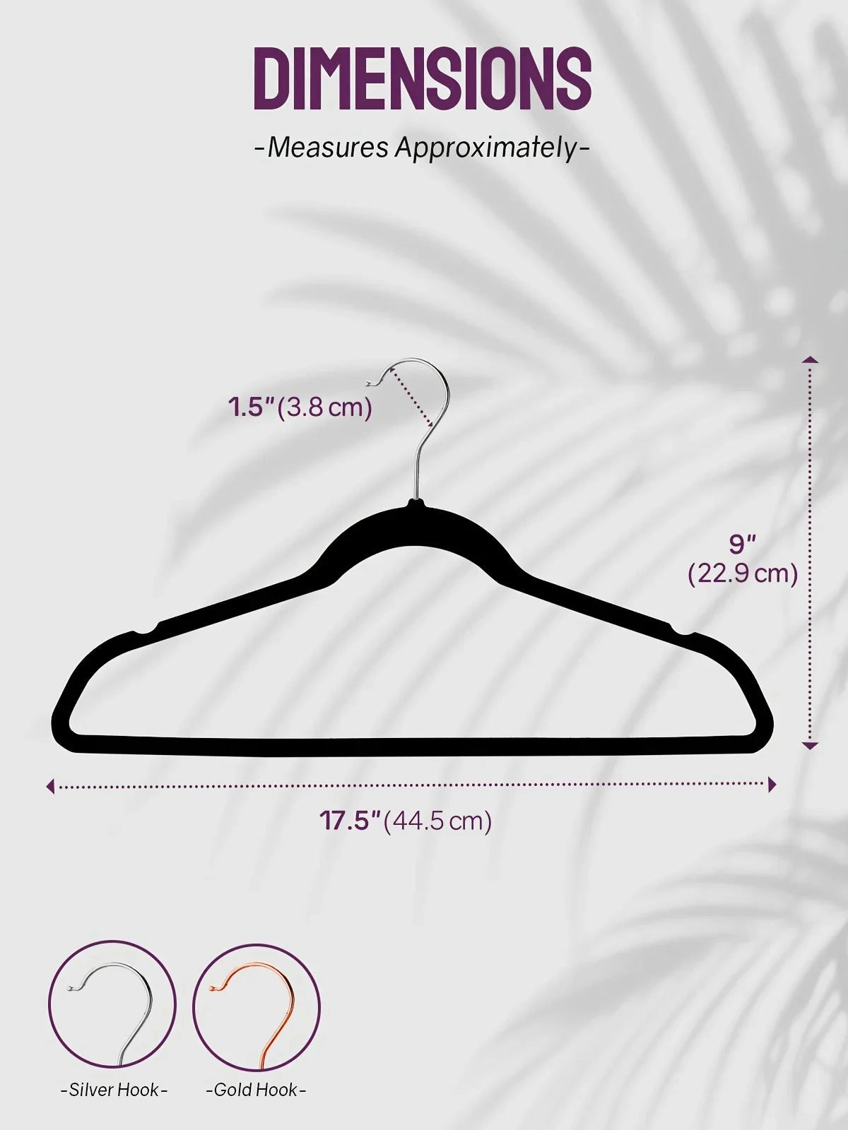 Diagram showing the dimensions of a velvet non-slip hanger, including measurements for the hook and the hanger itself.