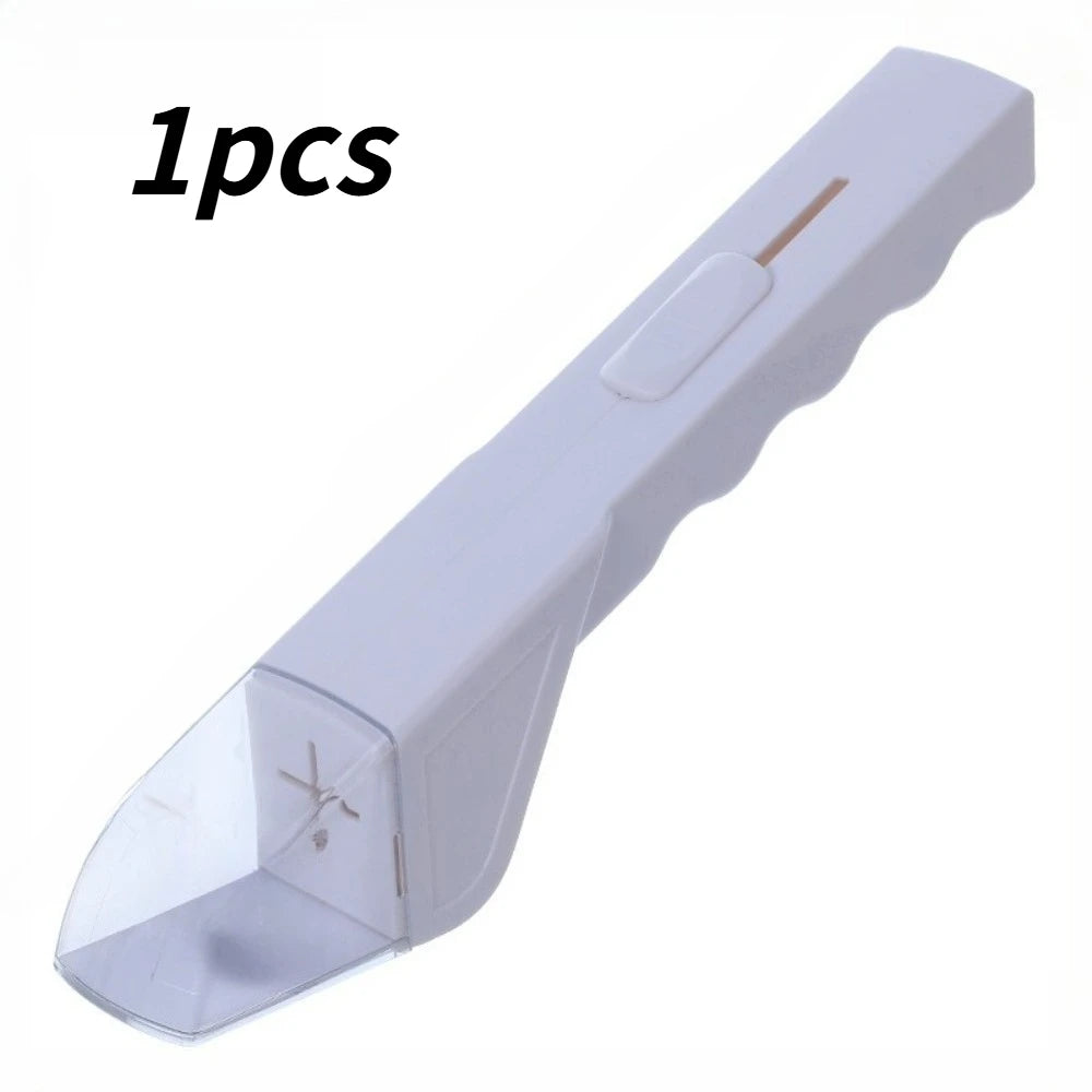 A white handheld insect catcher clamp tool with a pointed tip and a long handle.