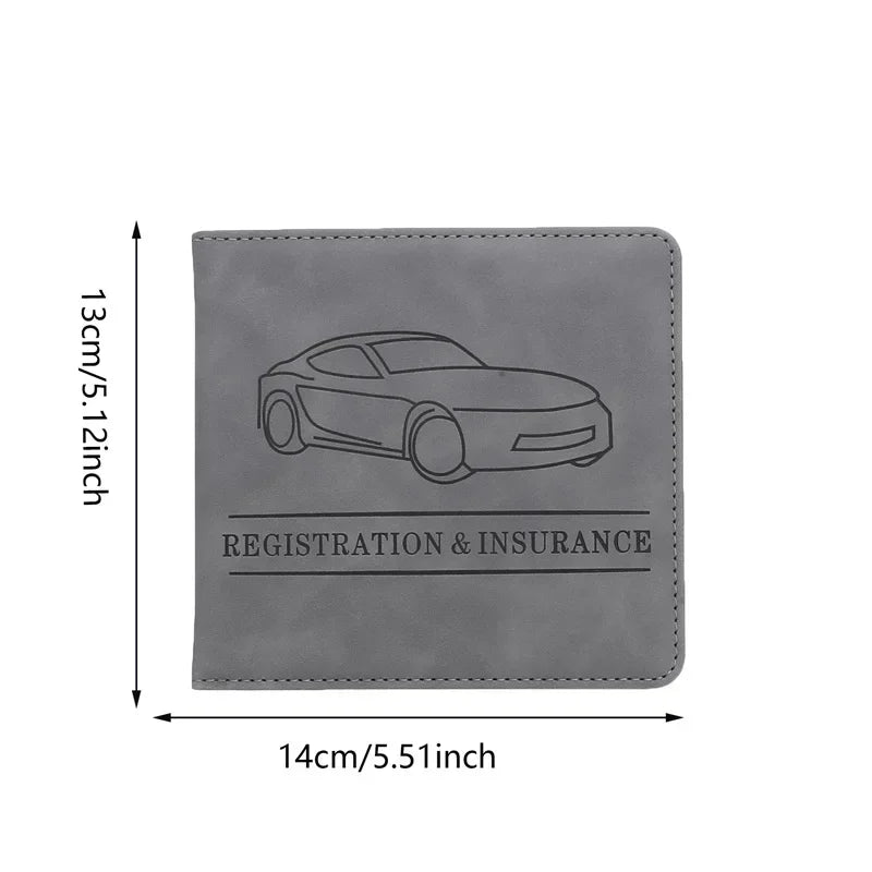 A gray leather document holder featuring a silhouette of a car and the text Registration & Insurance.