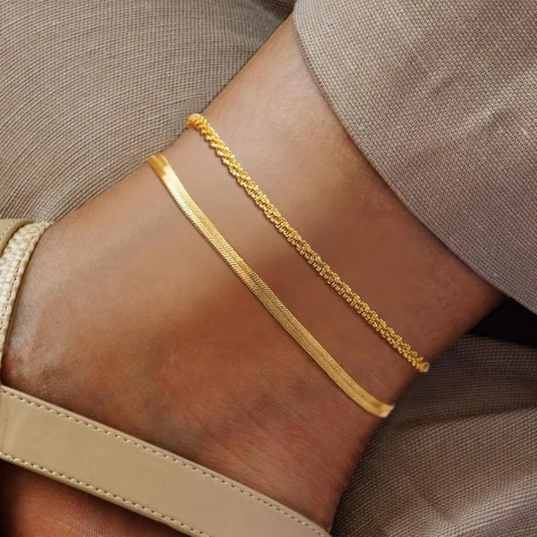 Layered Herringbone Anklet Set