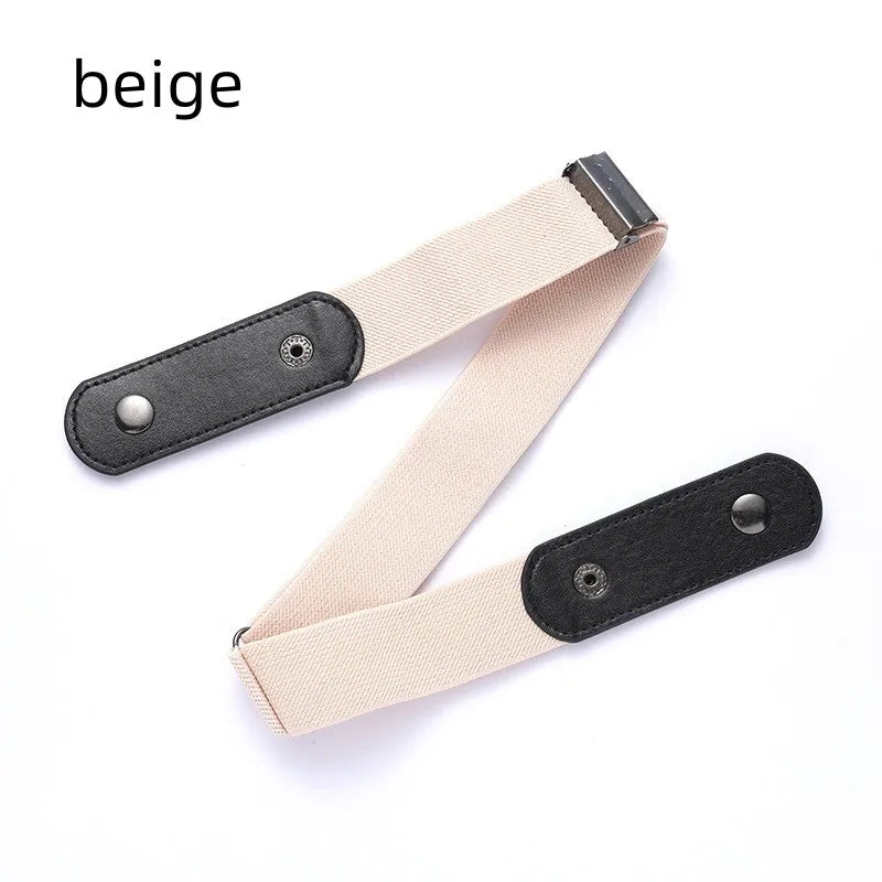 A beige stretch elastic belt with a black buckle shown flat.