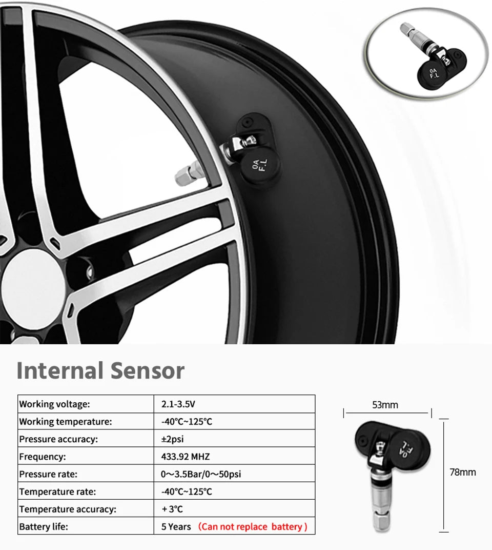 Close-up view of an internal tire pressure sensor and a separate external sensor component for a tire pressure monitoring sys