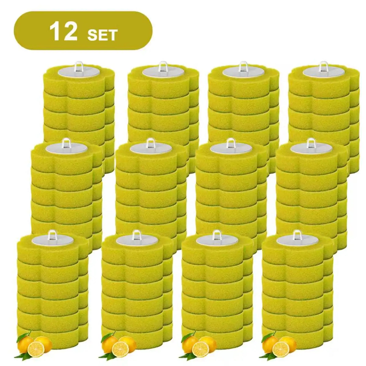 A set of twelve yellow wall-mounted toilet brushes with disposable heads and citrus fruits.