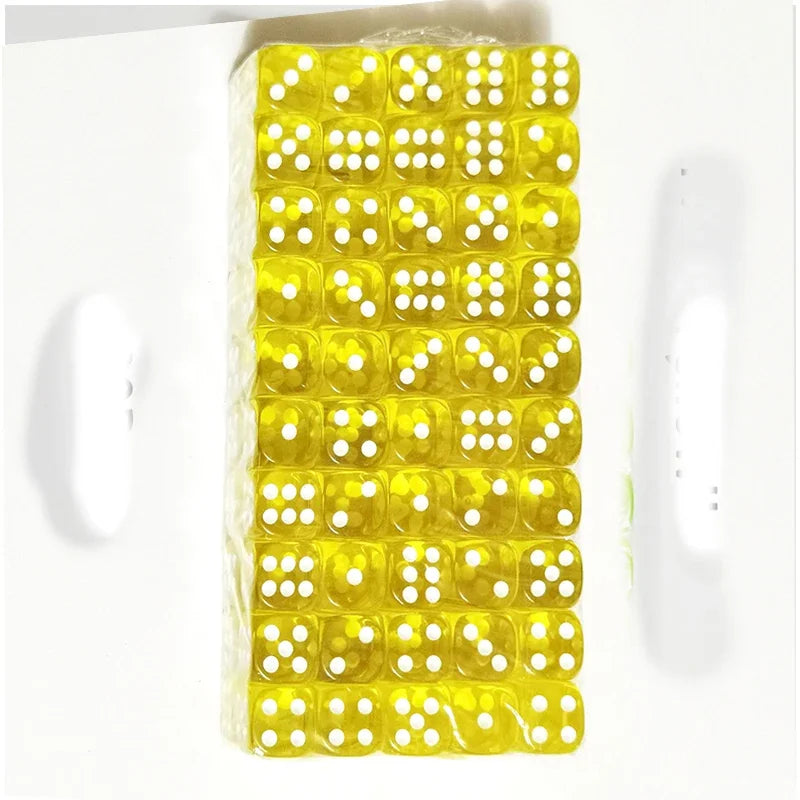 A rectangular pack of 100 transparent yellow acrylic D6 dice for tabletop role-playing games and board games.