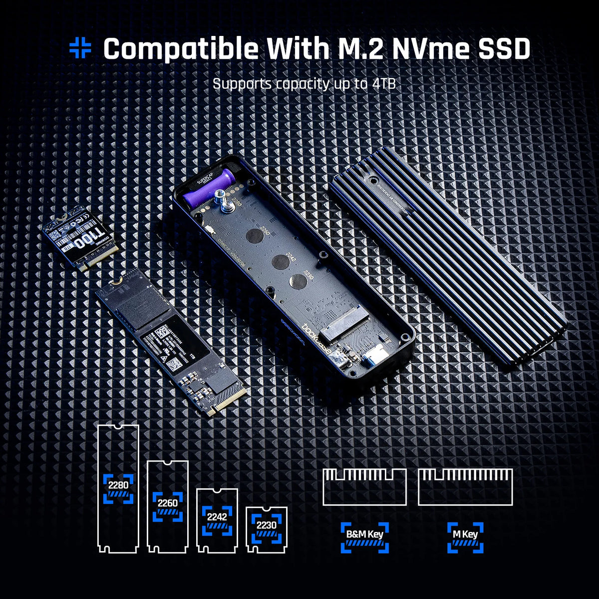 M.2 NVMe SSD-Gehäuse mit verschiedenen M-Schlüsselgrößen und bis zu 4TB Speicherkapazität.