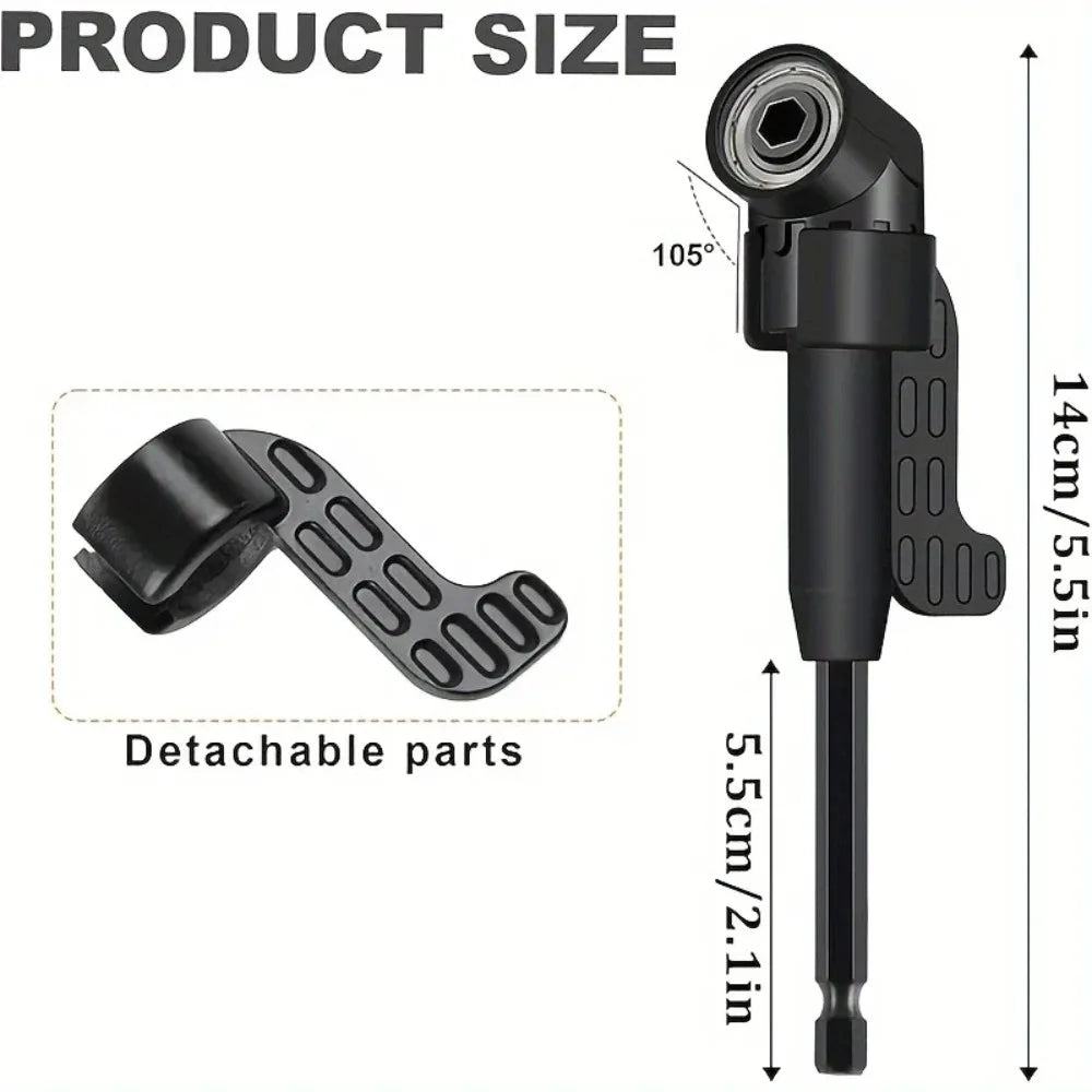 A black flexible drill bit extension kit showing detachable parts and dimensions.
