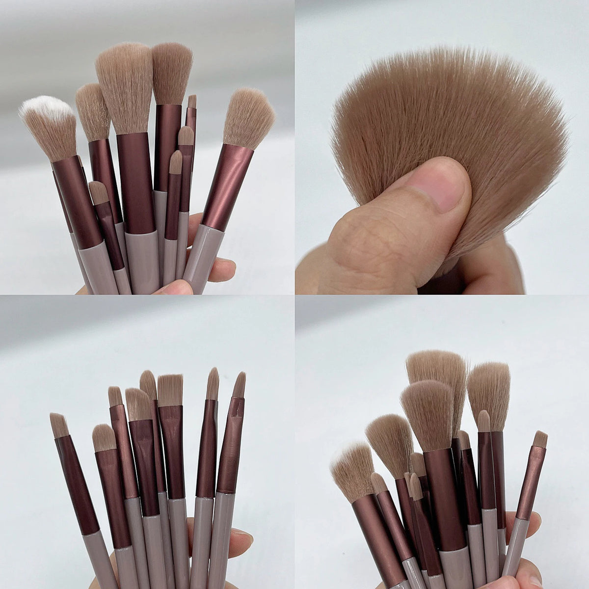A collection of thirteen makeup brushes in various shades and sizes displayed against a white background.